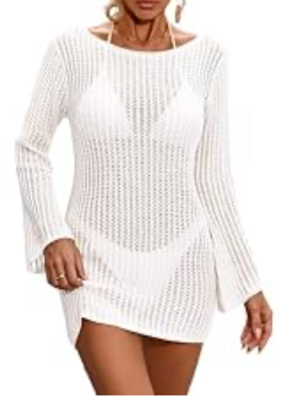 Merokeety White Open-Knit Long Sleeve Swim Coverup Tunic Size L Brand New Resort